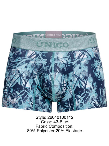 Blue and teal abstract graffiti patterned men’s boxer briefs by único with stretchy branded elastic waistband color 43-blue