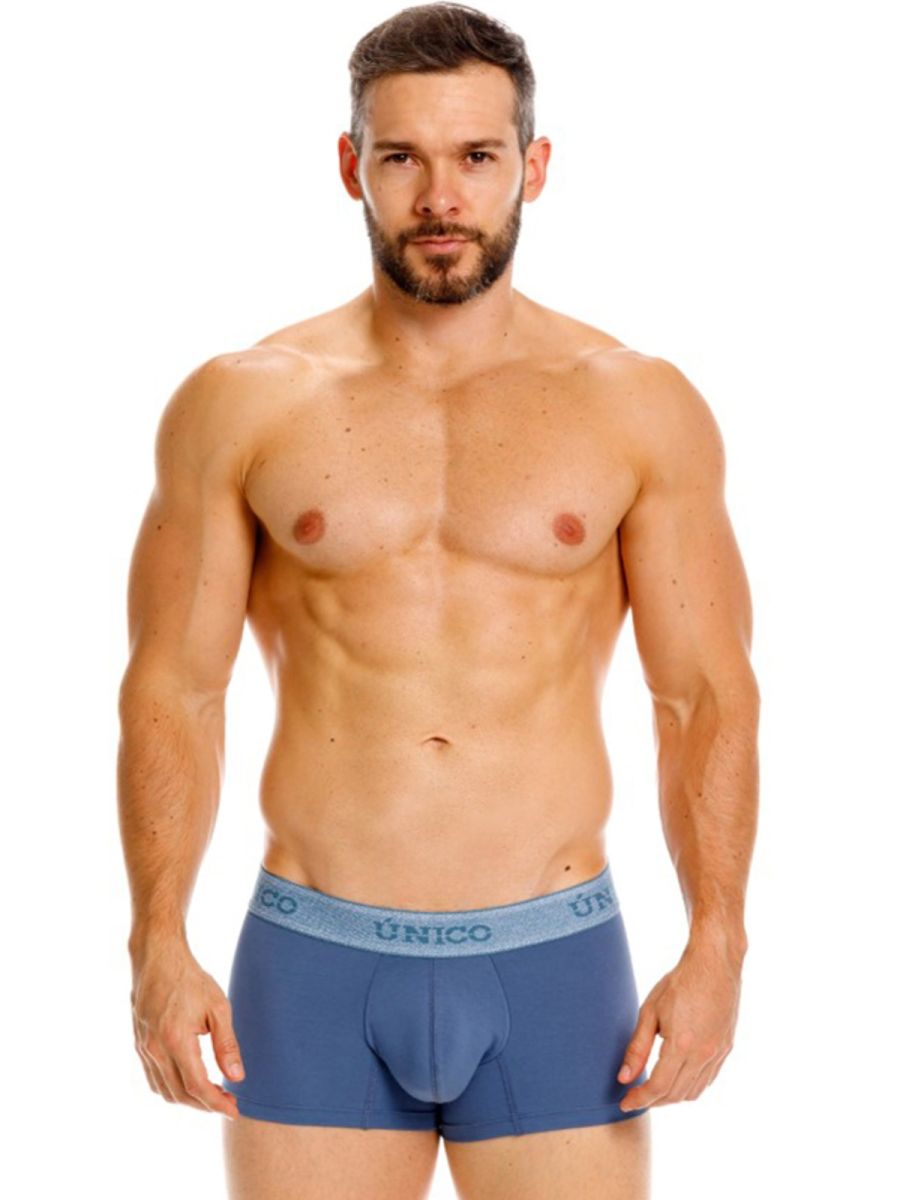 Blue men’s briefs with a light blue unico elastic waistband classic trunks in teal for premium everyday wear