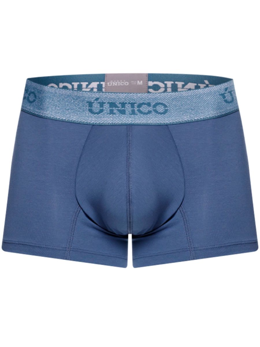 Blue unico men’s boxer briefs with textured waistband and matching blue brand lettering in premium teal color