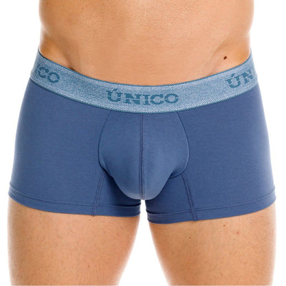 Blue unico men’s boxer briefs with textured waistband featuring matching blue unico lettering for everyday wear