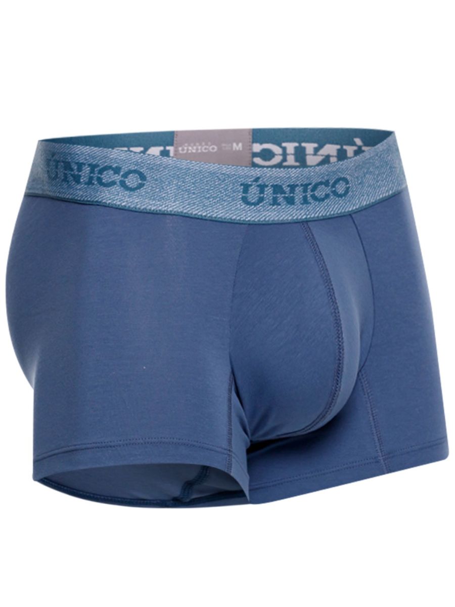 Blue unico men’s boxer briefs with a textured waistband featuring the brand name in matching blue lettering