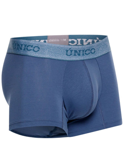 Blue unico men’s boxer briefs with a textured waistband featuring the brand name in matching blue lettering