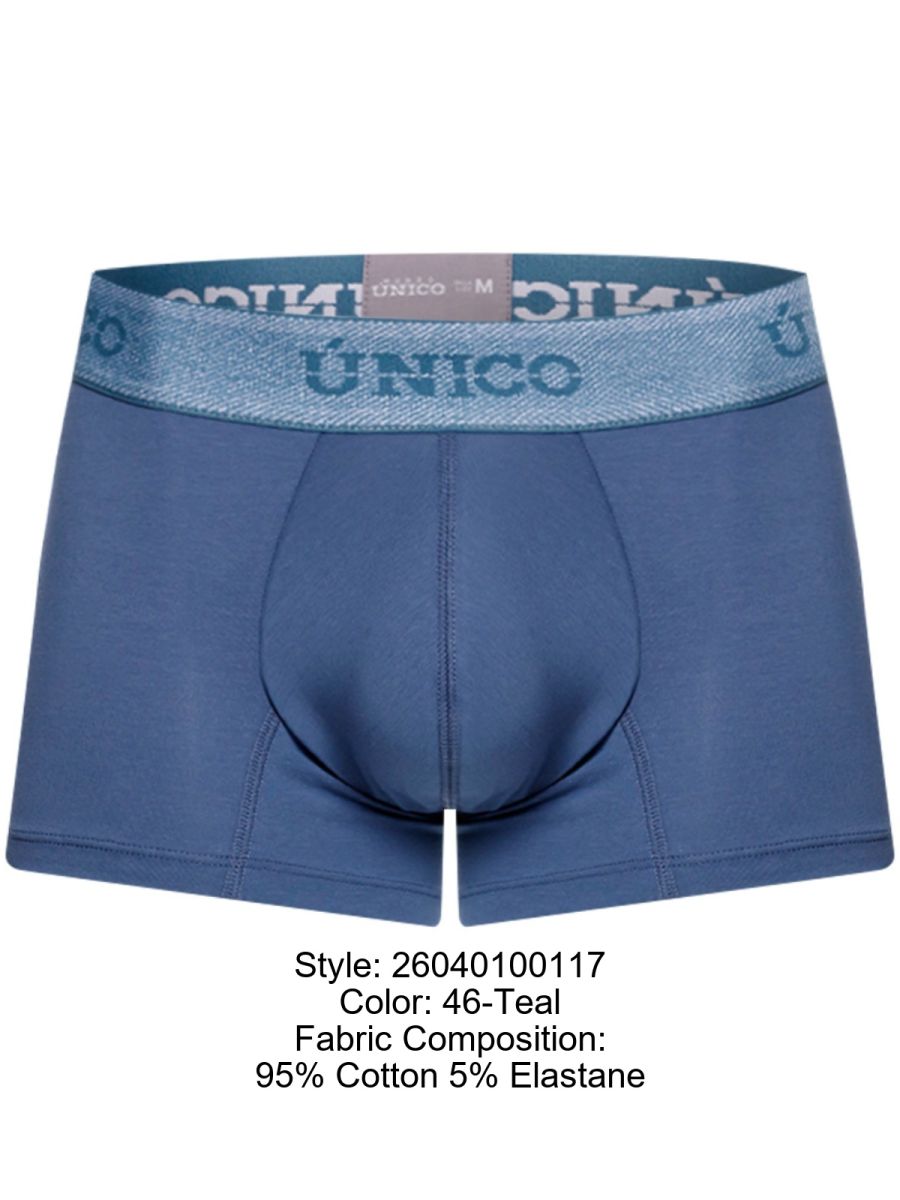 Teal unico 26040100117 classic trunks premium men’s boxer briefs cotton elastane with logo waistband front view