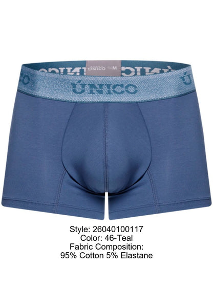 Teal unico 26040100117 classic trunks premium men’s boxer briefs cotton elastane with logo waistband front view
