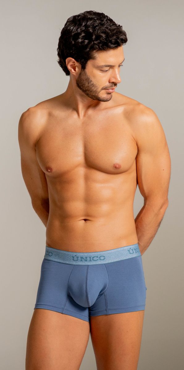 Blue unico classic trunks mens boxer briefs with light blue unico logo waistband in teal for everyday wear