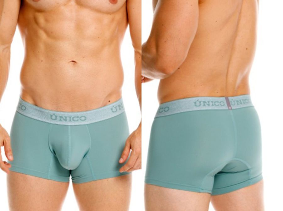 Teal unico boxer briefs with light gray elastic waistband and dark gray brand lettering in ceramic trunks color 43 green