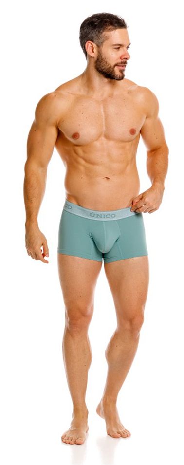 Teal ceramic trunks with a light gray elastic waistband featuring unido branding in black color 43-green