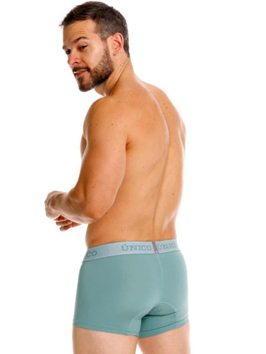 Teal unico 26040100121 ceramic trunks with light gray waistband and dark purple brand name for unisex use