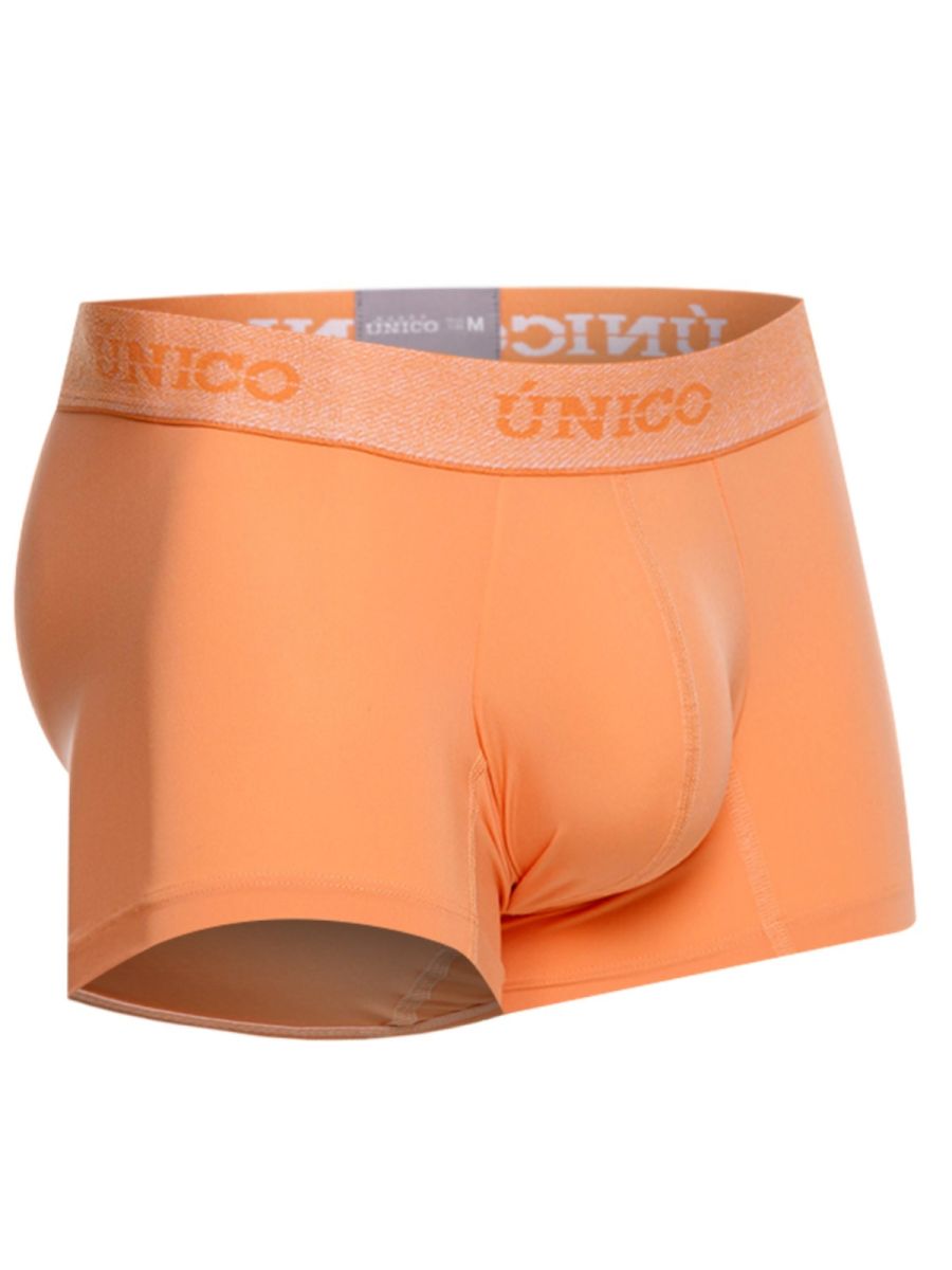 Orange unico men’s boxer briefs with matching elastic waistband featuring brand name in orange lettering classic trunks