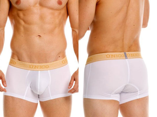 White unico 26040100125 amber trunks with tan elastic waistband and gold lettering in premium athletic fit