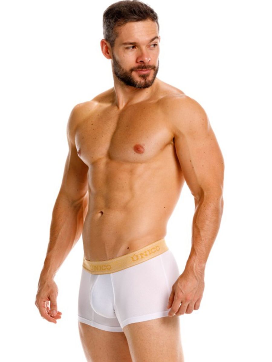 White briefs with a gold unico waistband in premium athletic fit from unico 26040100125 amber trunks color 00-white