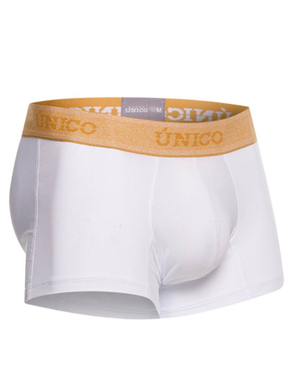 White unico men’s boxer briefs with gold elastic waistband and amber trunks premium athletic fit in white