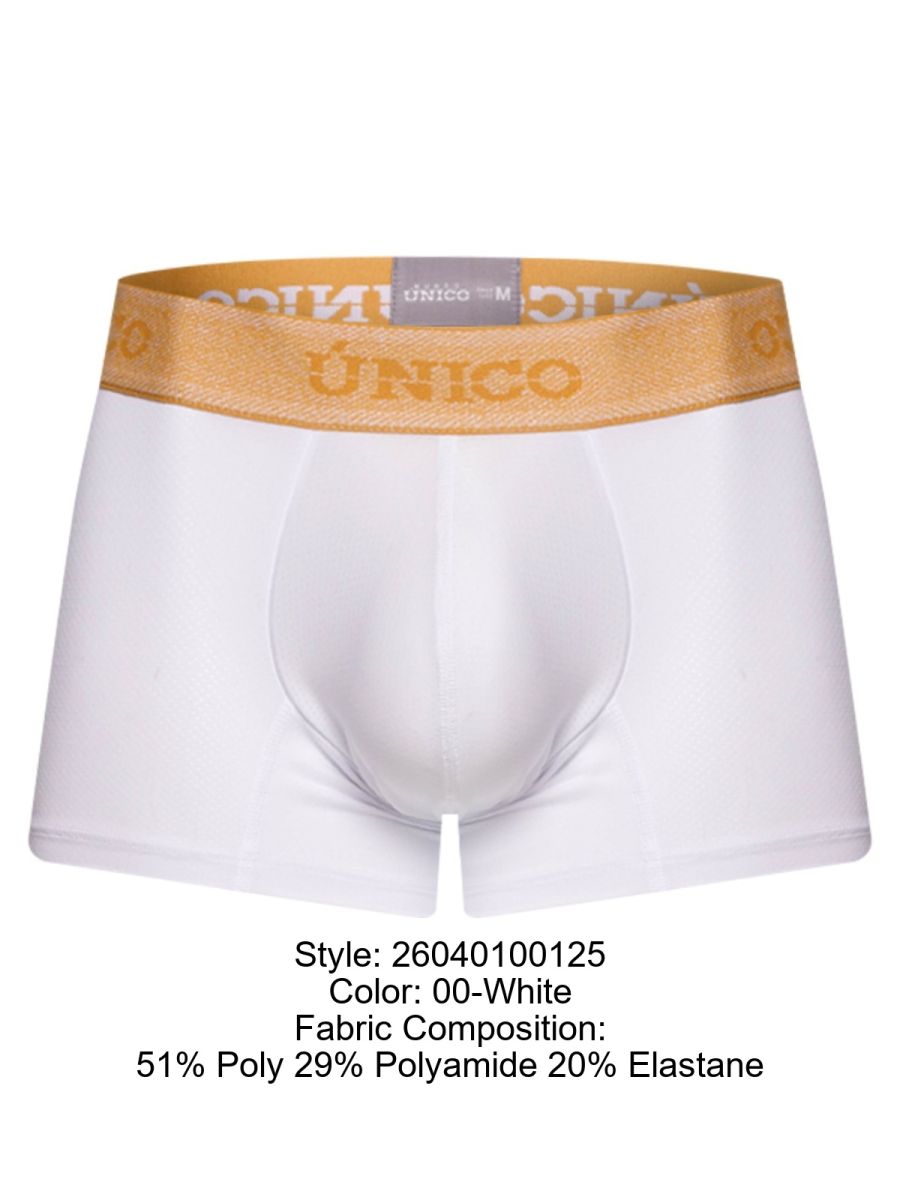 White unico men’s briefs with premium athletic fit and gold elastic waistband featuring brand name lettering