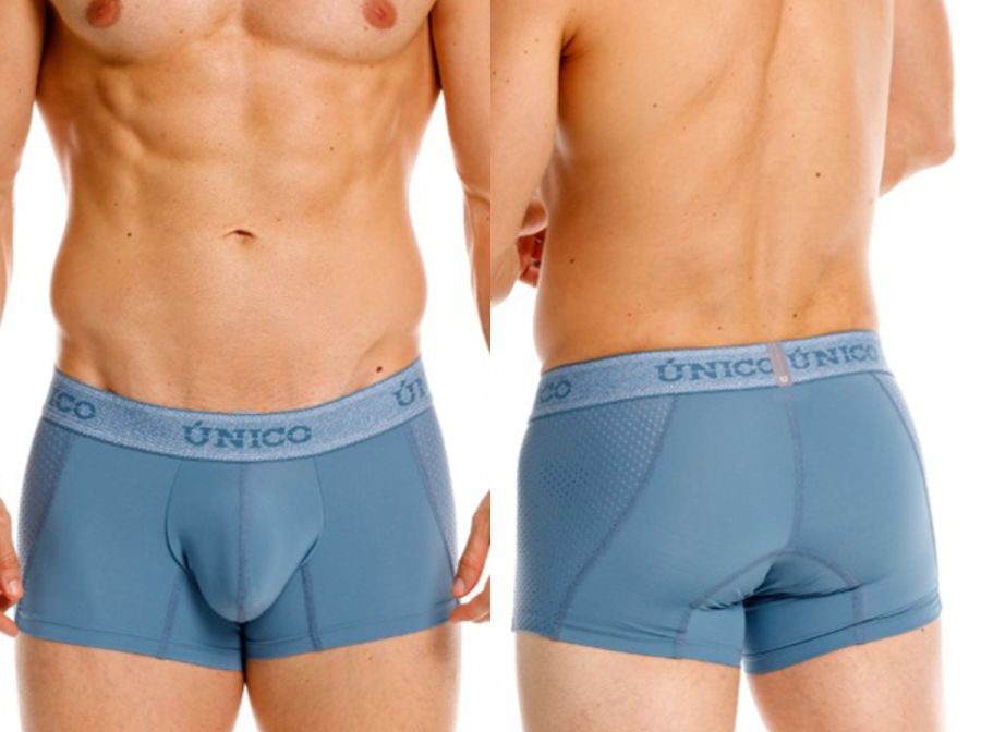 Blue unico men’s boxer briefs with textured waistband and contoured design for premium athletic comfort