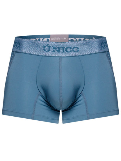 Blue unico men’s boxer briefs with textured waistband and subtle side panels for premium athletic comfort