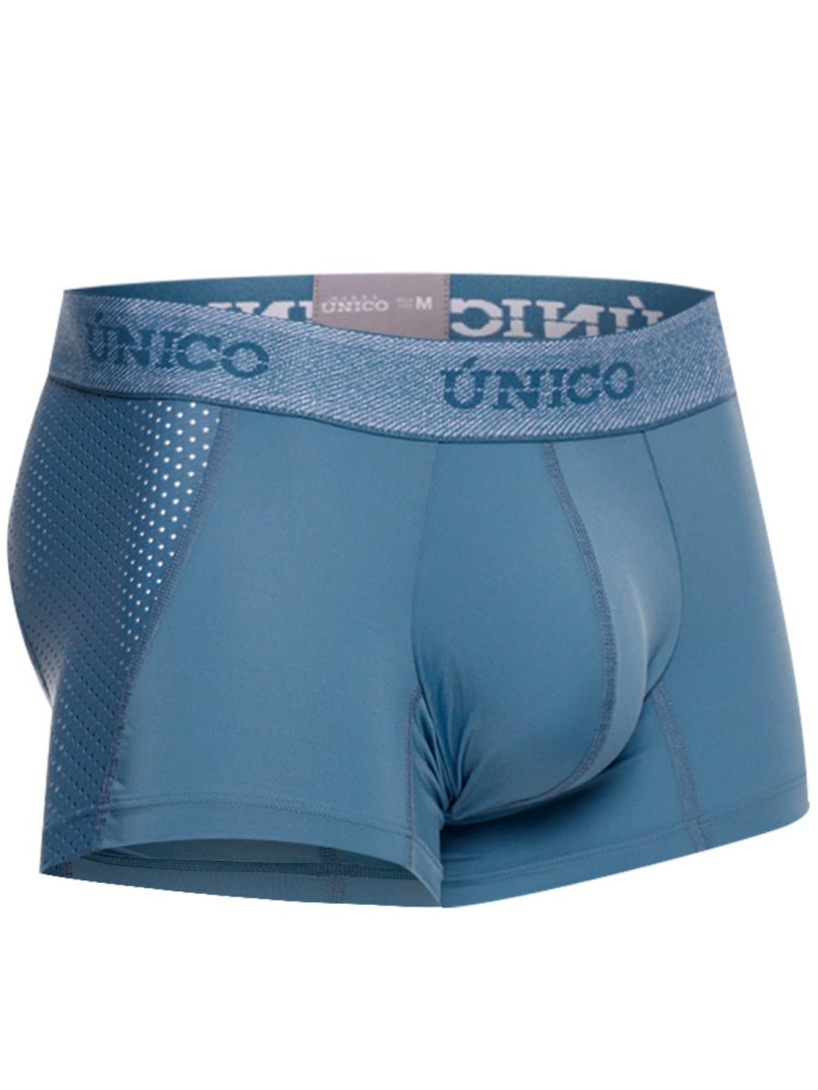 Blue unico men’s boxer briefs with textured waistband and mesh paneling for premium athletic comfort