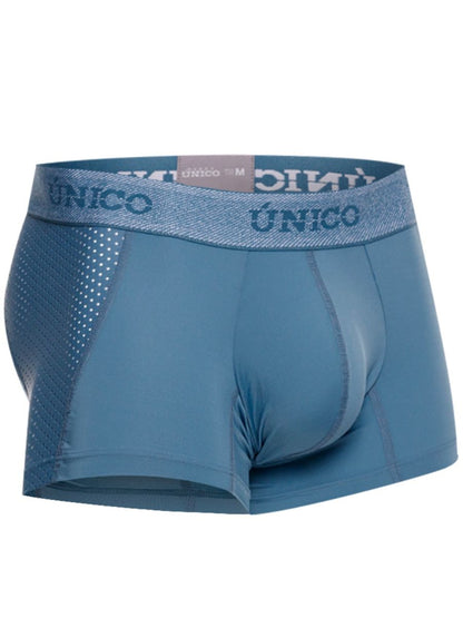 Blue unico men’s boxer briefs with textured waistband and mesh paneling for premium athletic comfort
