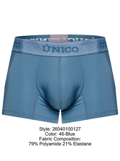Unico 26040100127 classic trunks in blue with textured shimmer waistband made of 79 polyamide and 21 elastane