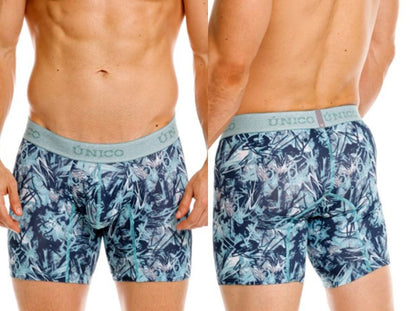 Men’s blue and teal tropical leaf patterned boxer briefs with light gray unico waistband in color 43-blue