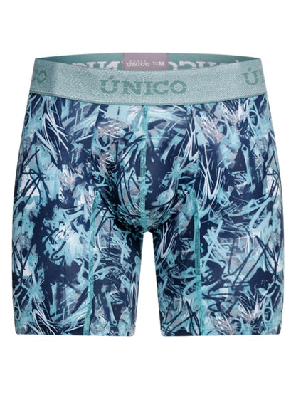 Teal and navy blue unico men’s boxer briefs with graffiti pattern and matching elastic waistband in color 43-blue
