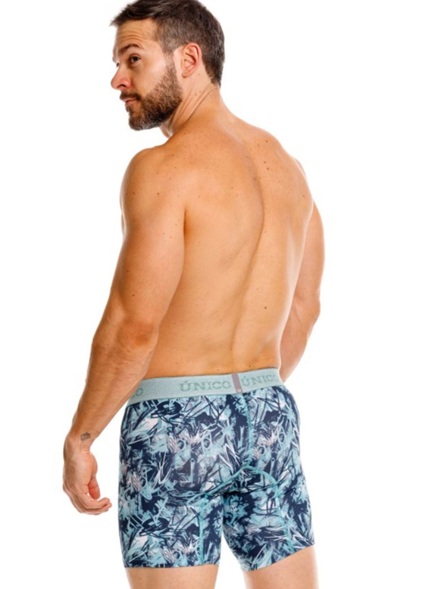 Men’s unico 26040100212 blue and teal tropical leaf pattern boxer briefs with light gray waistband in color 43-blue