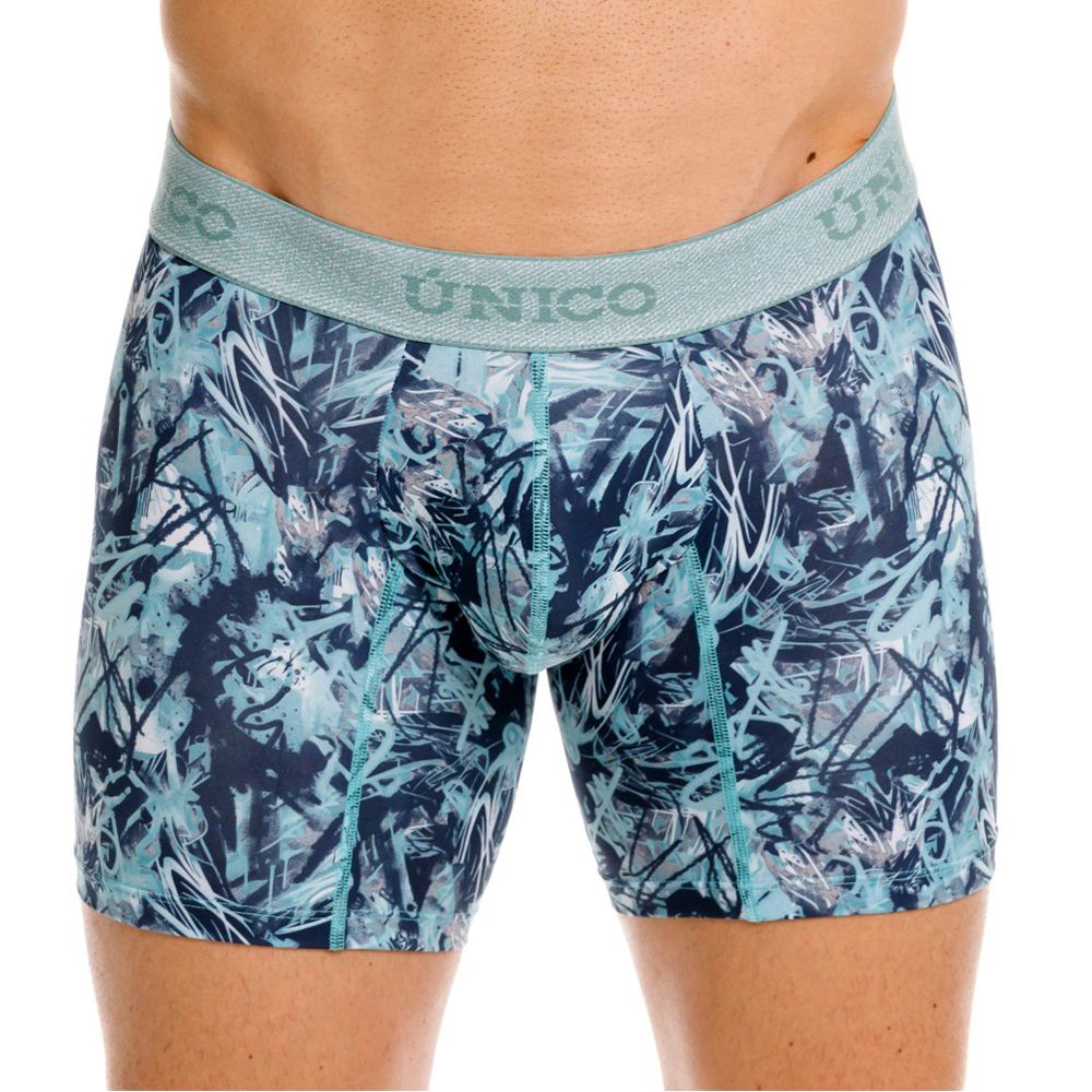 Unico 26040100212 men’s boxer briefs in dark blue and teal abstract graffiti with matching elastic waistband
