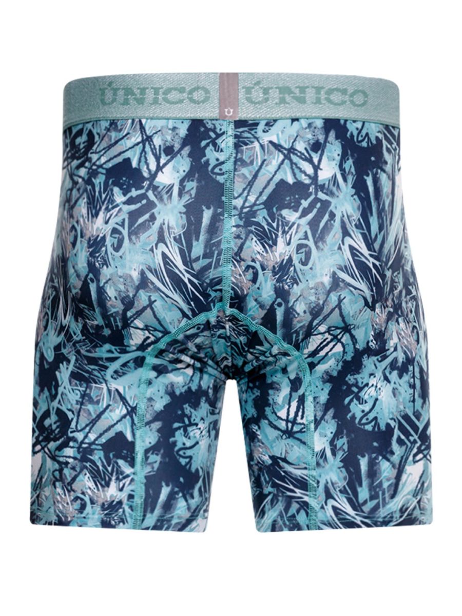 Unico 26040100212 men’s boxer briefs with vibrant teal navy blue and white graffiti print on stretchy fabric and matching waistband