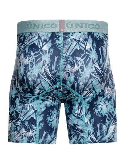 Unico 26040100212 men’s boxer briefs with vibrant teal navy blue and white graffiti print on stretchy fabric and matching waistband