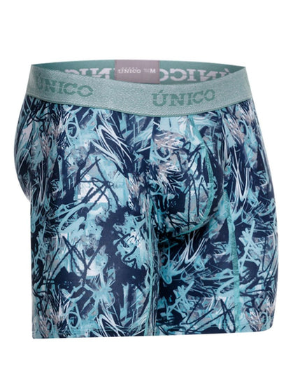 Unico men’s boxer briefs in teal and navy blue graffiti pattern with matching elastic waistband color 43-blue