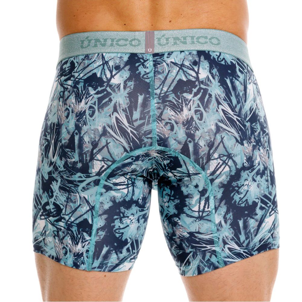 Unico 26040100212 boxer briefs in blue and white graffiti pattern with teal trim for comfortable everyday wear
