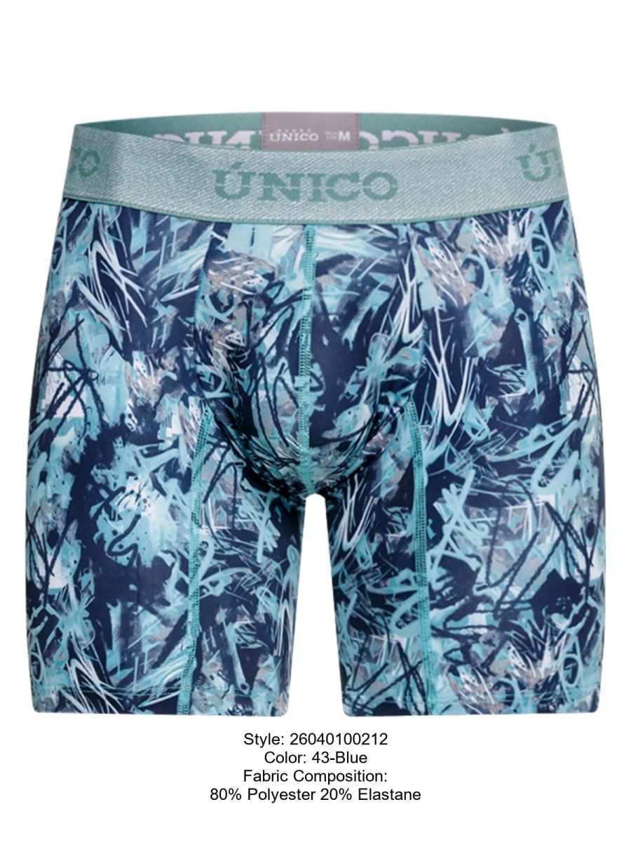 Blue and teal graffiti patterned boxer briefs with gray unico elastic waistband in color 43-blue