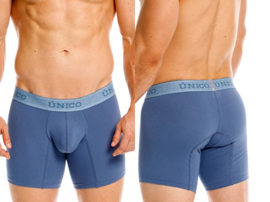 Blue unico classic boxer briefs in teal with matching elastic waistband featuring brand name in light gray lettering