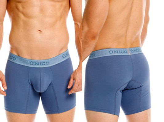 Blue unico classic boxer briefs in teal with matching elastic waistband featuring brand name in light gray lettering