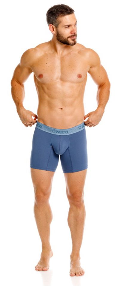 Blue unico boxer briefs with a light blue waistband featuring the brand name for premium comfort and style