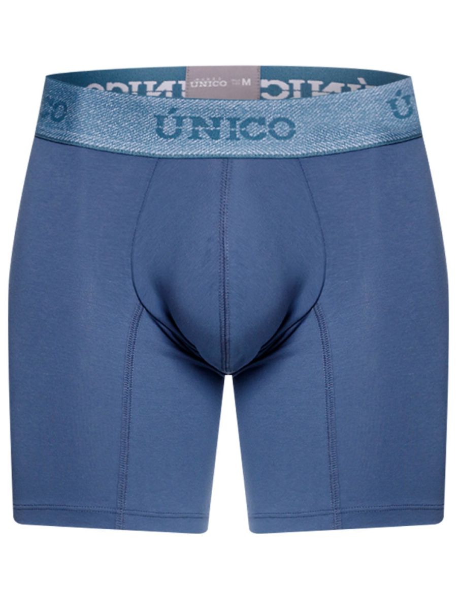 Blue unico men’s classic boxer briefs in teal with a textured waistband featuring the brand name for premium comfort