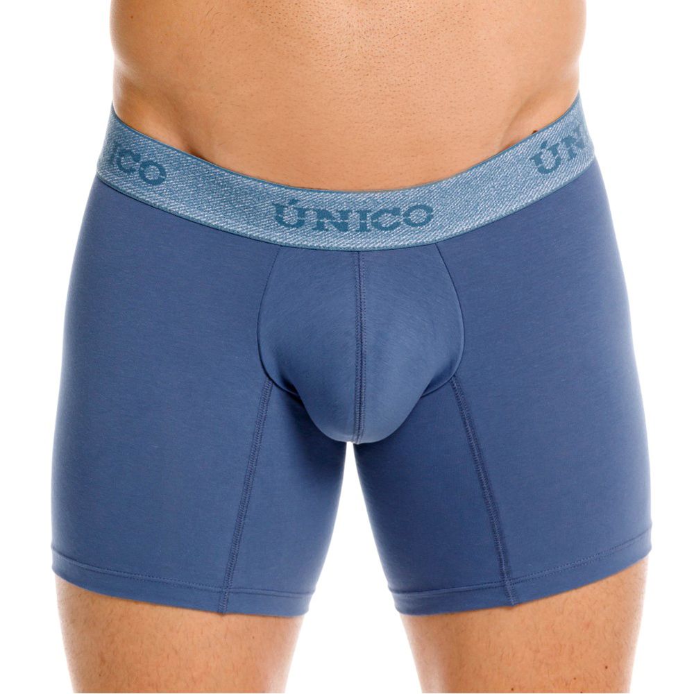 Blue unico classic boxer briefs in teal with a textured waistband featuring the brand name in dark blue lettering