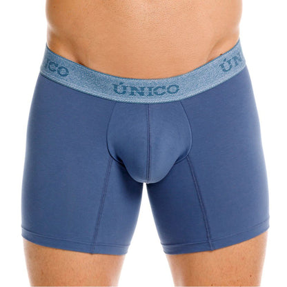Blue unico classic boxer briefs in teal with a textured waistband featuring the brand name in dark blue lettering