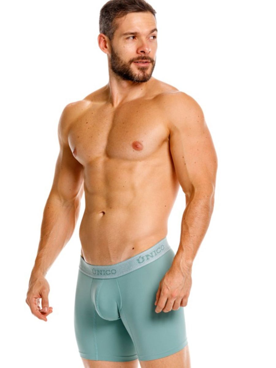 Teal ceramic boxer briefs with a light gray unico branded waistband for men color 43 green