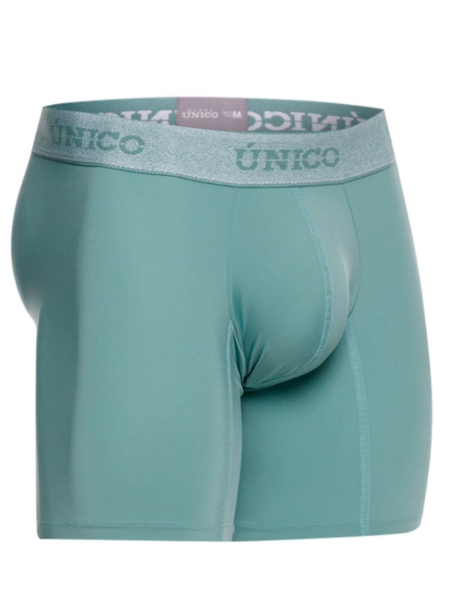Teal unico ceramic boxer briefs with gray elastic waistband featuring repeating unico brand name lettering