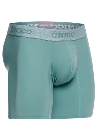 Teal unico ceramic boxer briefs with gray elastic waistband featuring repeating unico brand name lettering
