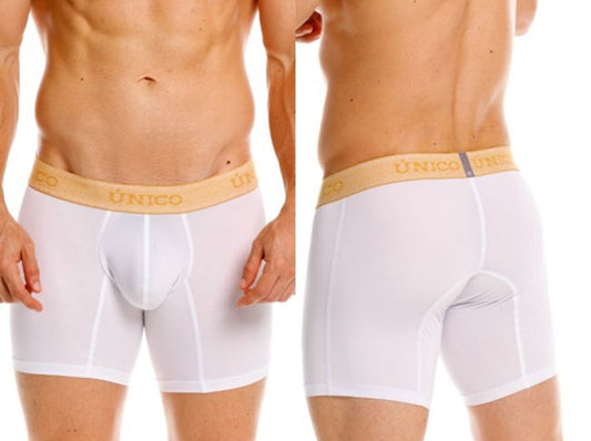 White unico men’s boxer briefs with tan elastic waistband featuring unico logo in gold for premium comfort