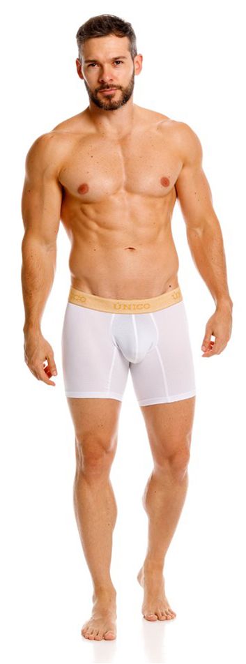 White men’s unico amber boxer briefs with light beige elastic waistband and premium comfort in color white