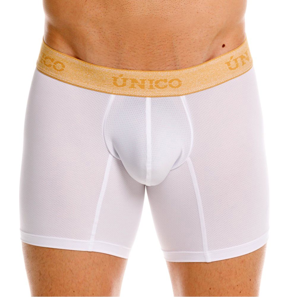 White unico amber boxer briefs with gold elastic waistband and matching gold brand lettering for premium comfort