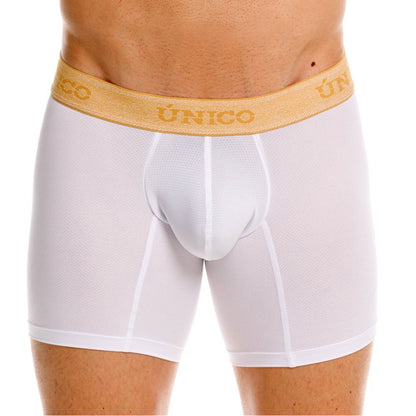 White unico amber boxer briefs with gold elastic waistband and matching gold brand lettering for premium comfort
