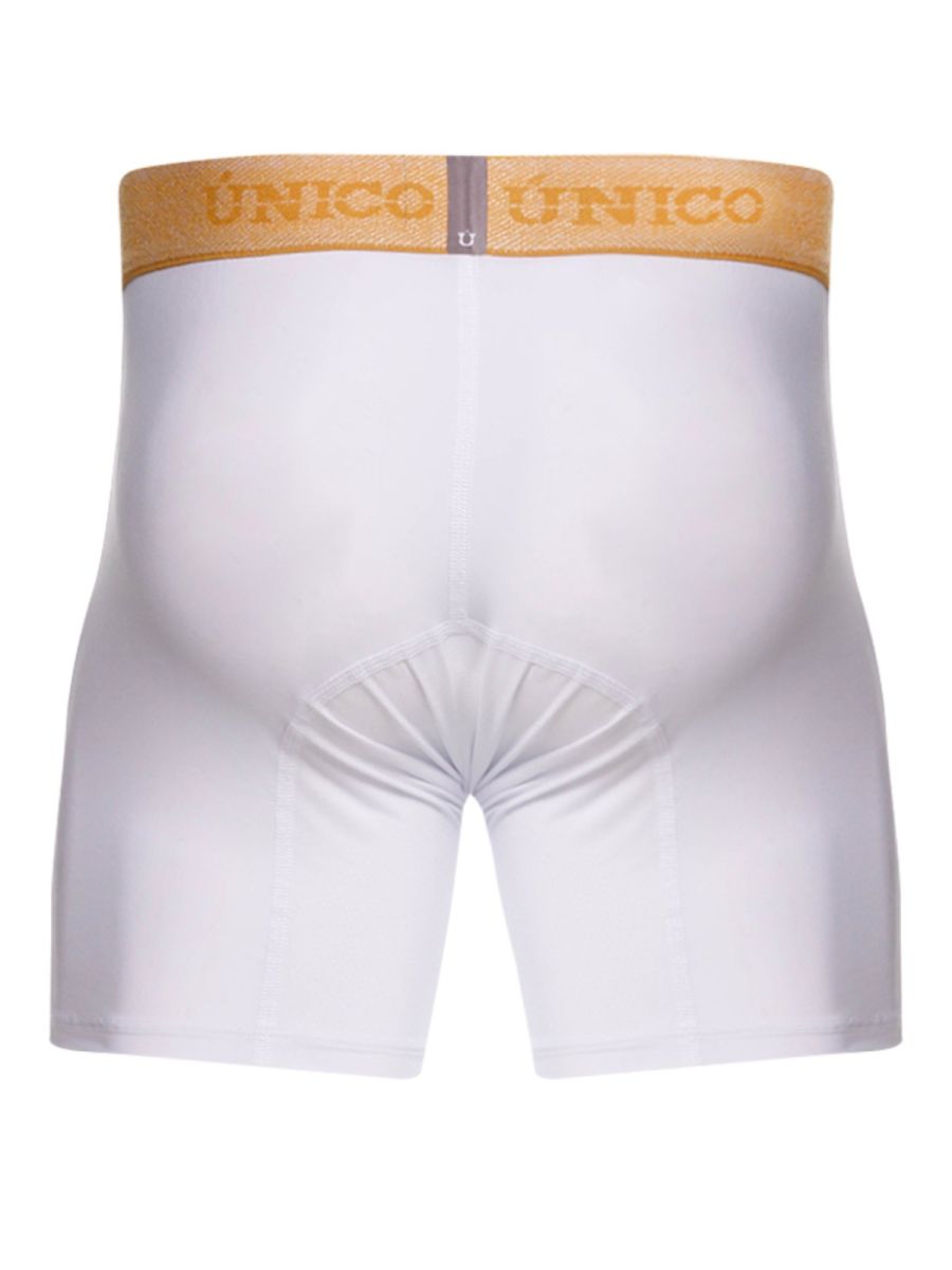 White unico boxer briefs with a gold waistband featuring the brand name for premium comfort and style