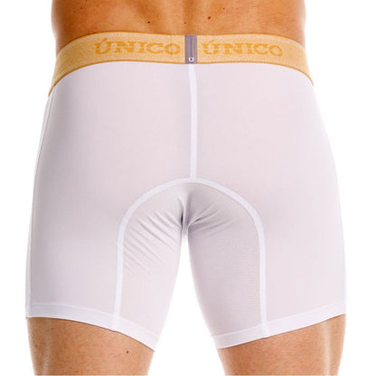 White unico boxer briefs with premium comfort featuring a gold waistband with brand name in matching lettering