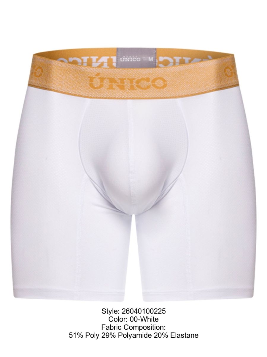 White unico men’s boxer briefs with gold elastic waistband and brand name lettering for premium comfort