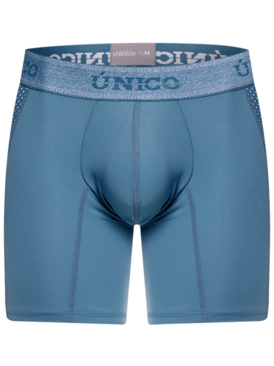 Blue unico classic boxer briefs with textured waistband and subtle perforated side panels for premium comfort