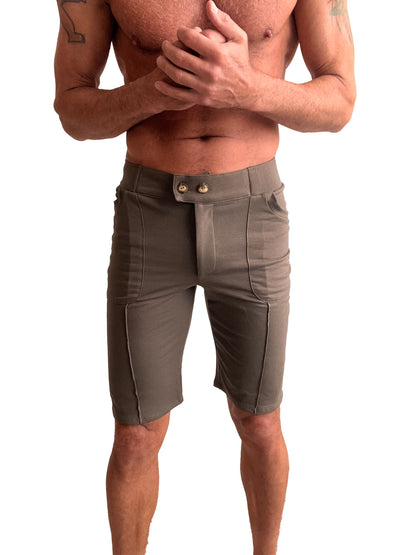 Urban tactical at home dress shorts in khaki with tailored fit, structured design, and gold-toned button accents