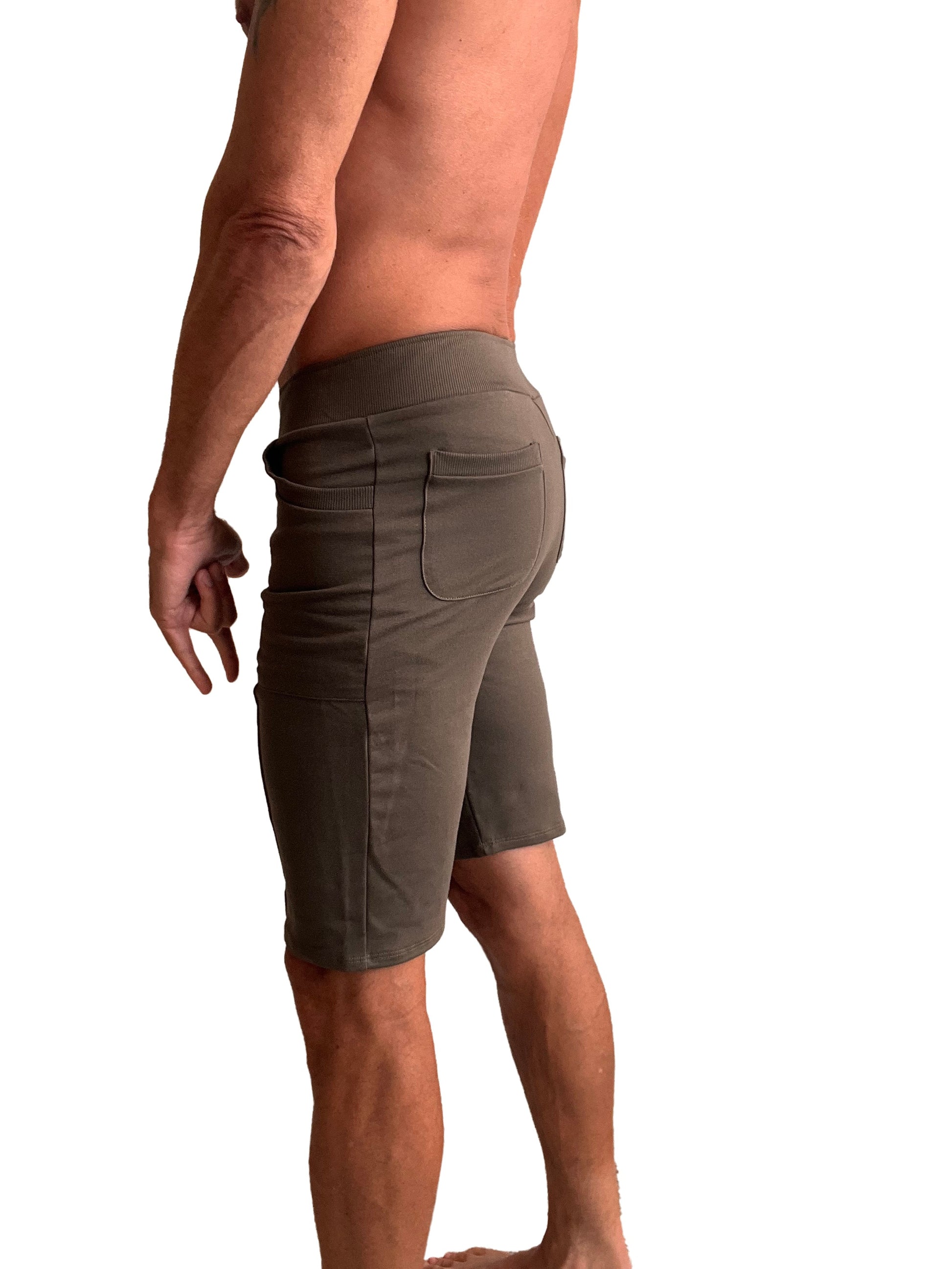 Urban tactical at home dress shorts in army green featuring olive green fabric, elastic waistband, and side pockets